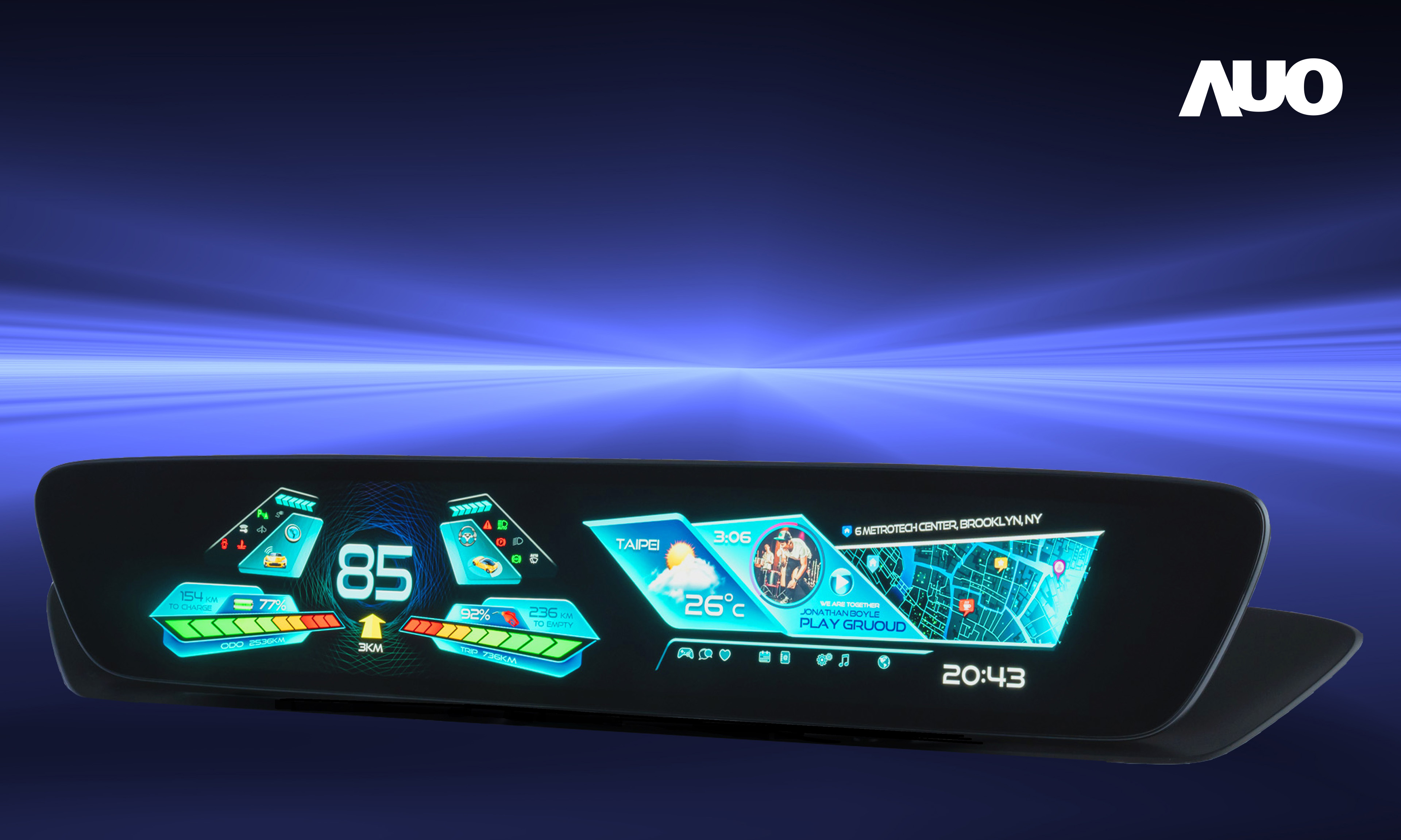 友達30.4吋異形曲面AmLED車載顯示系統，為一兼具儀表板及中控台人機介面的創新車載顯示系統，結合美學設計，提升車內科技沉浸感及使用體驗，讓車載顯示的未來應用更加多元化