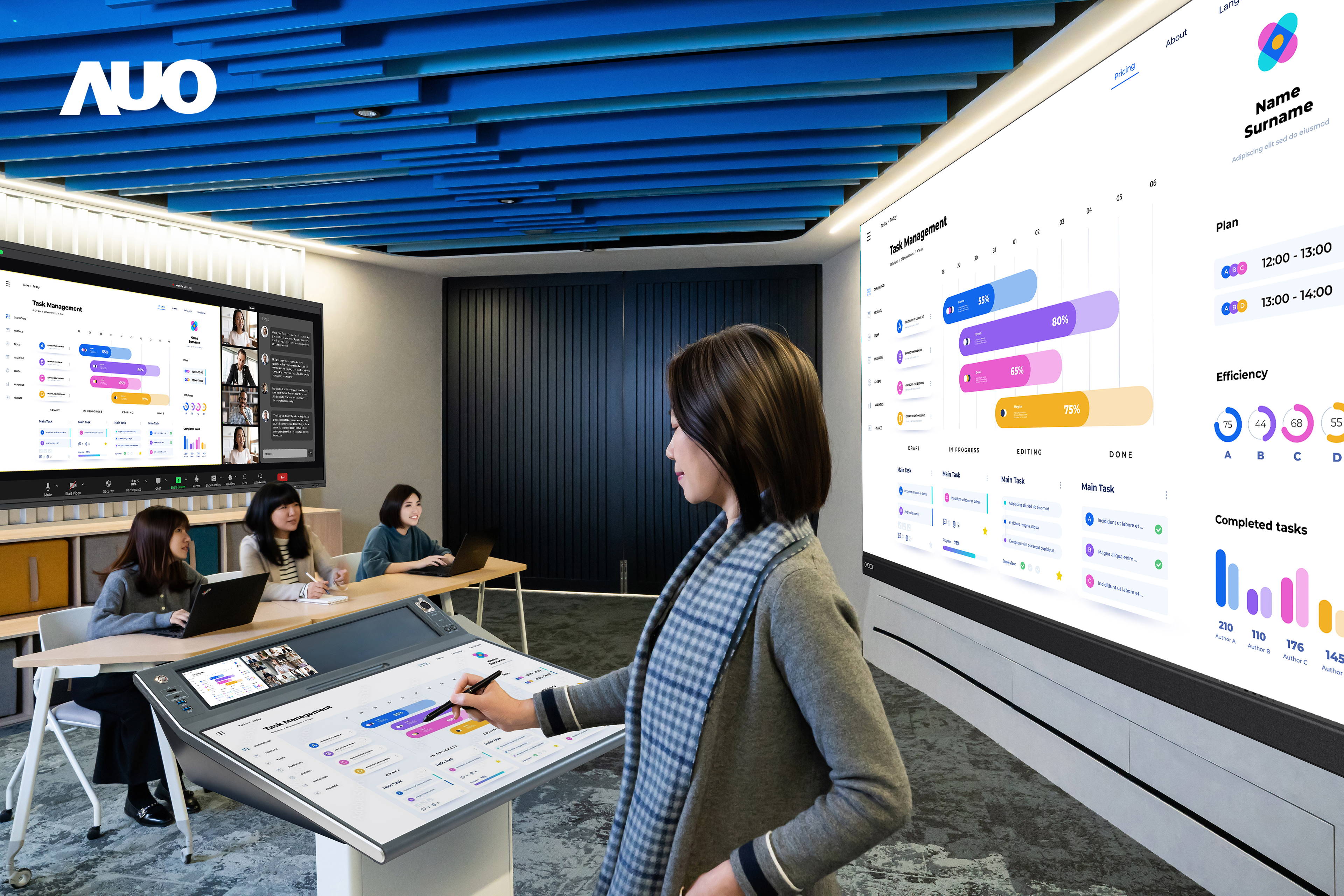 达擎携手Avocor与Rise Vision展示全方位商务领域应用，包含采用模块化设计的138吋一体式All-in-One LED显示器及具21:9超宽比例的92吋交互式电子白板（IFPD），讲者可轻松分享内容，有效提升会议协作效率。